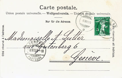 Postkarte an Alwina Sutter in Genf Adressseite 1909